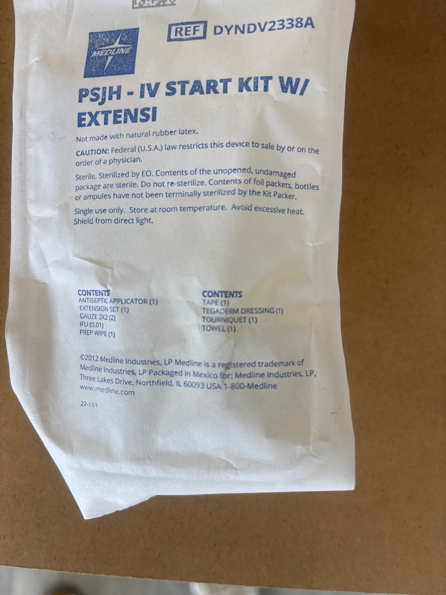 Medline IV start kit package label and contents